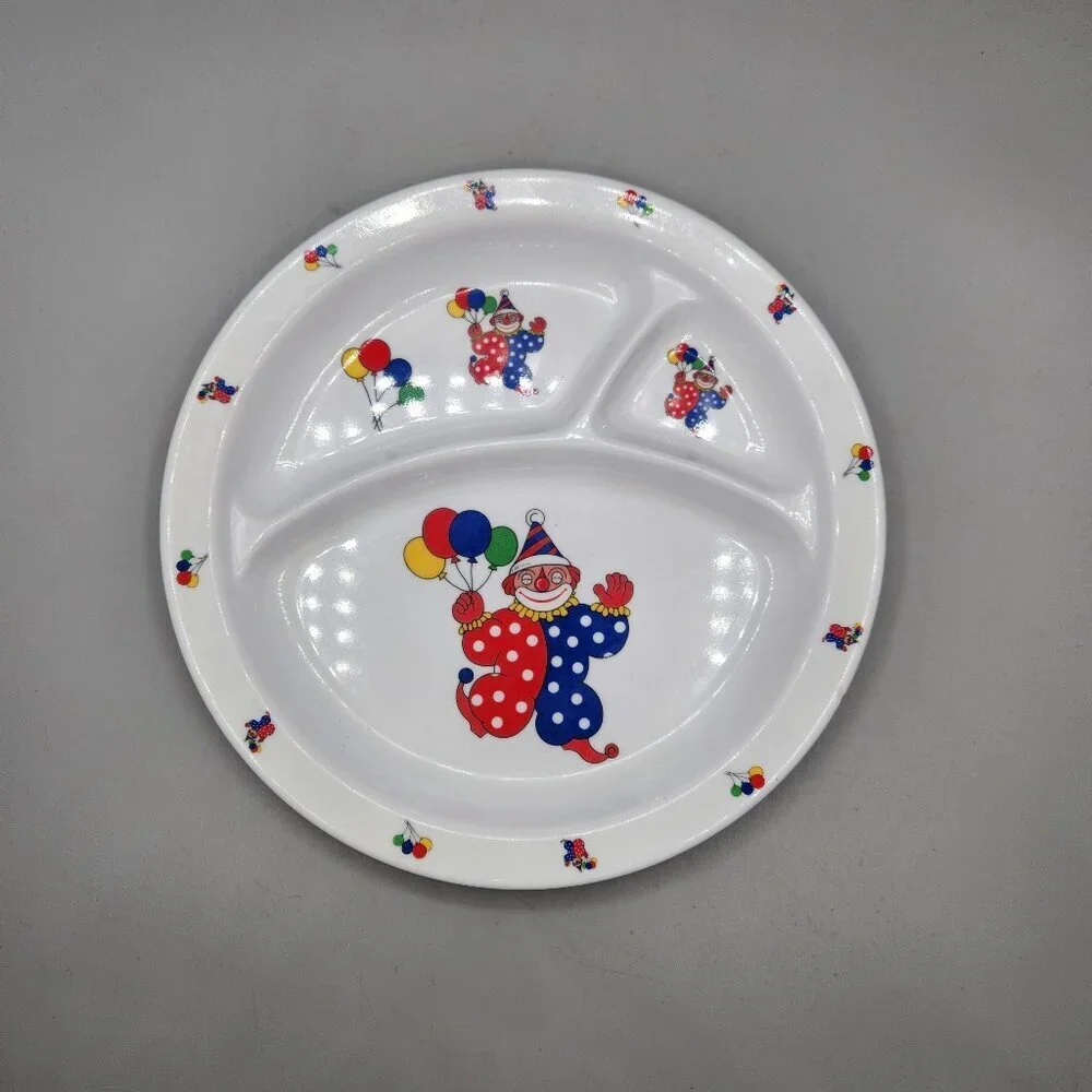 Vintage Melaware Baby Child Divided Melamine Plate Clown Balloons Birthday